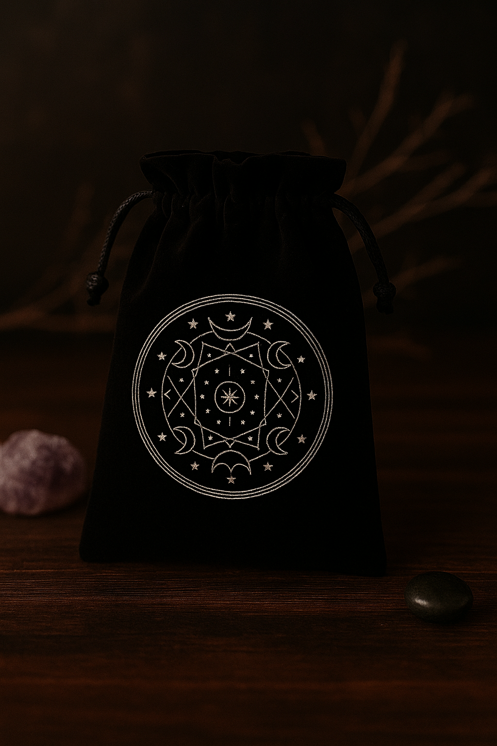 Чёрный бархатный мешочек для гадальных карт, рун, амулетов. Размер 14х15см . Метод нанесения изображения - термоперенос.