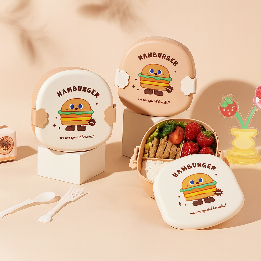 Детский ланч-бокс с милым дизайном Cute Toast / Hamburger, герметичный, с разделителями и защёлками