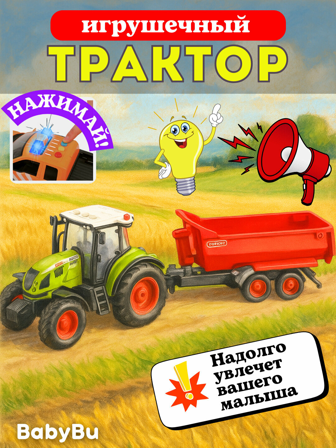 Трактор с прицепом, детская машина, синий трактор, транспорт, игрушка