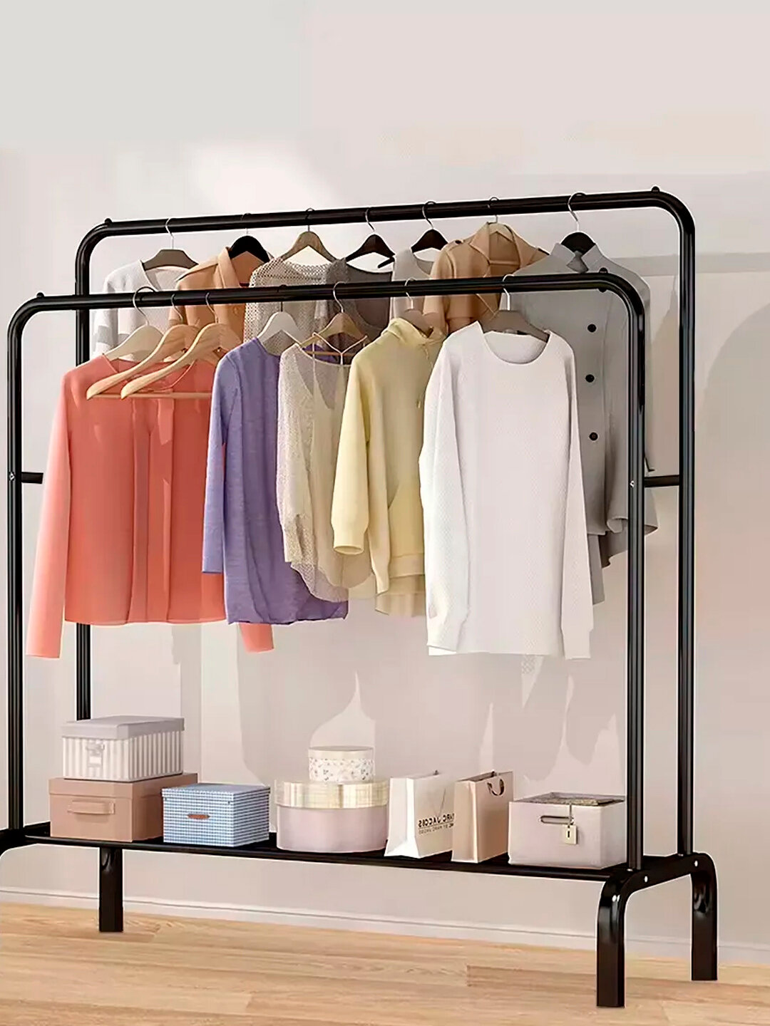 Металлическая, напольная вешалка, для одежды, с обувницей, на колесиках, цветная - Угольный