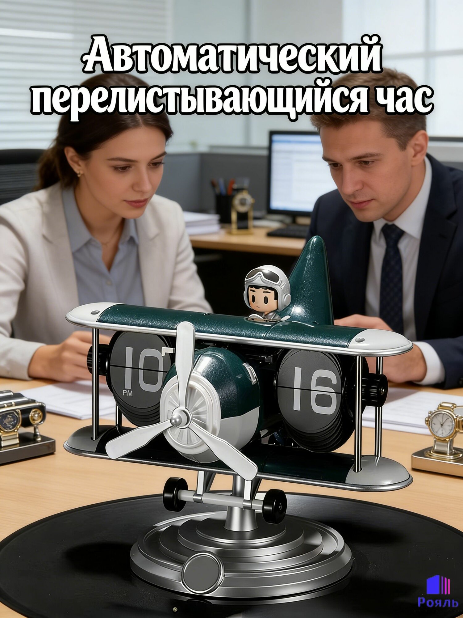 Настольные часы с автоматическим перекидным табло (флип-часы) в виде самолета, ретро, металлические, кварцевый механизм. Подарок и декор для дома, 20x18.4x13.6 см.