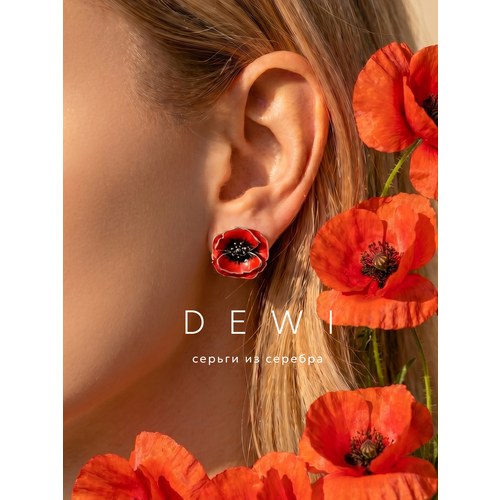 фото Серьги dewi, серебро, 925 проба, родирование, эмаль, размер 18 мм, длина 1.8 см, , красный