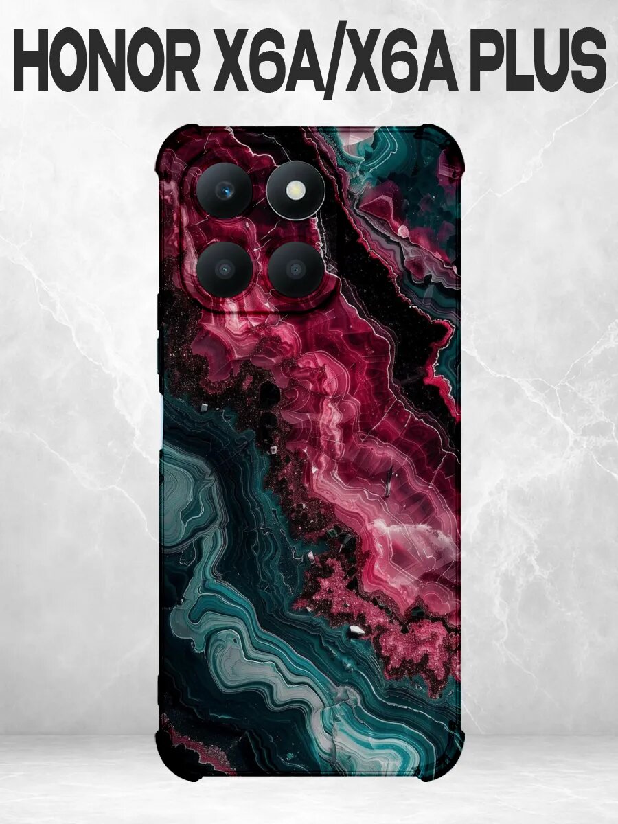 Чехол на Honor X6A мрамор розово-бирюзовый