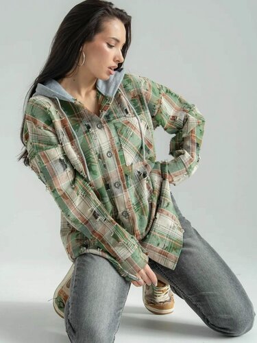 Изображение товара Рубашка в клетку с капюшоном теплая рваная варенка