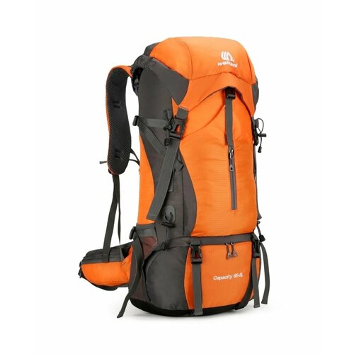 Большой трекинговый рюкзак Weikani для путешествий, походов, кемпинга 70 литров с дождевиком цвет оранжевый