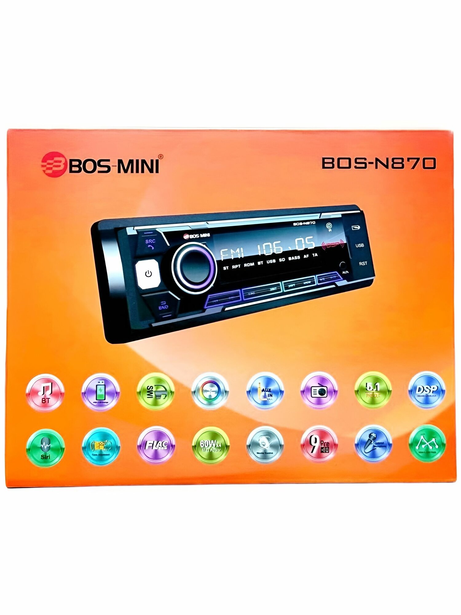Процессорная магнитола BOS-MINI N870 1DIN 60W, 28 полосный эквалайзер, RDS, Bluetooth, AUX, громкая связь