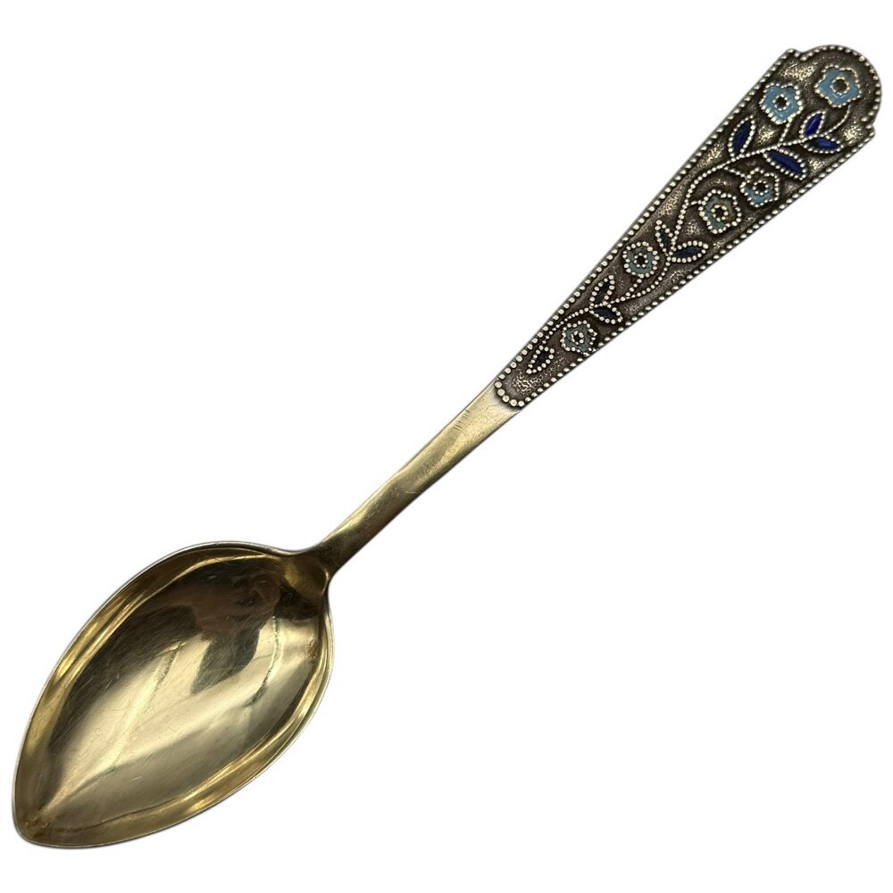 Ложка чайная "Вьюнок" (голубой, синий), 14 см, серебро 0.875, 1975 г. Русские самоцветы (5ЛЮ), СССР