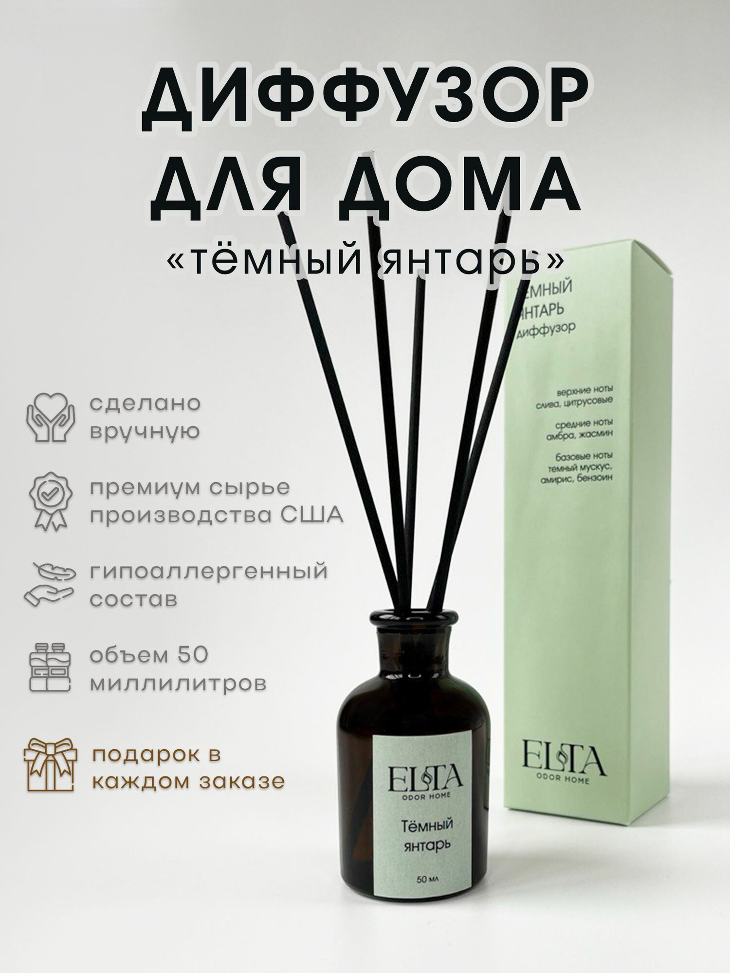 ELTA odor home Диффузор ароматический "Амбра и Слива" (Темный Янтарь), 50 мл
