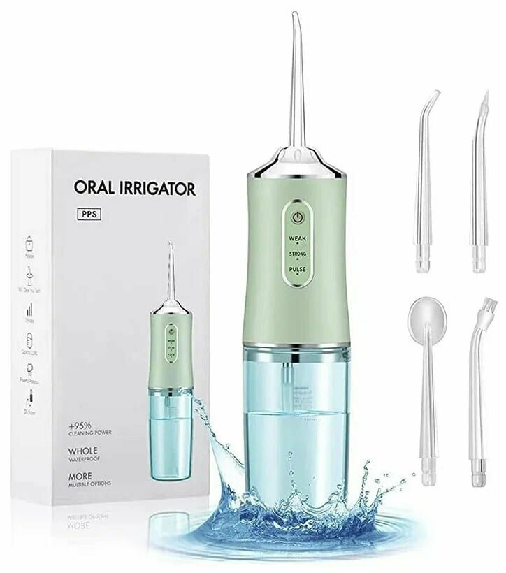 Ирригатор для полости рта с 4мя насадками / Ирригатор полости рта портативный с насадками Зеленый