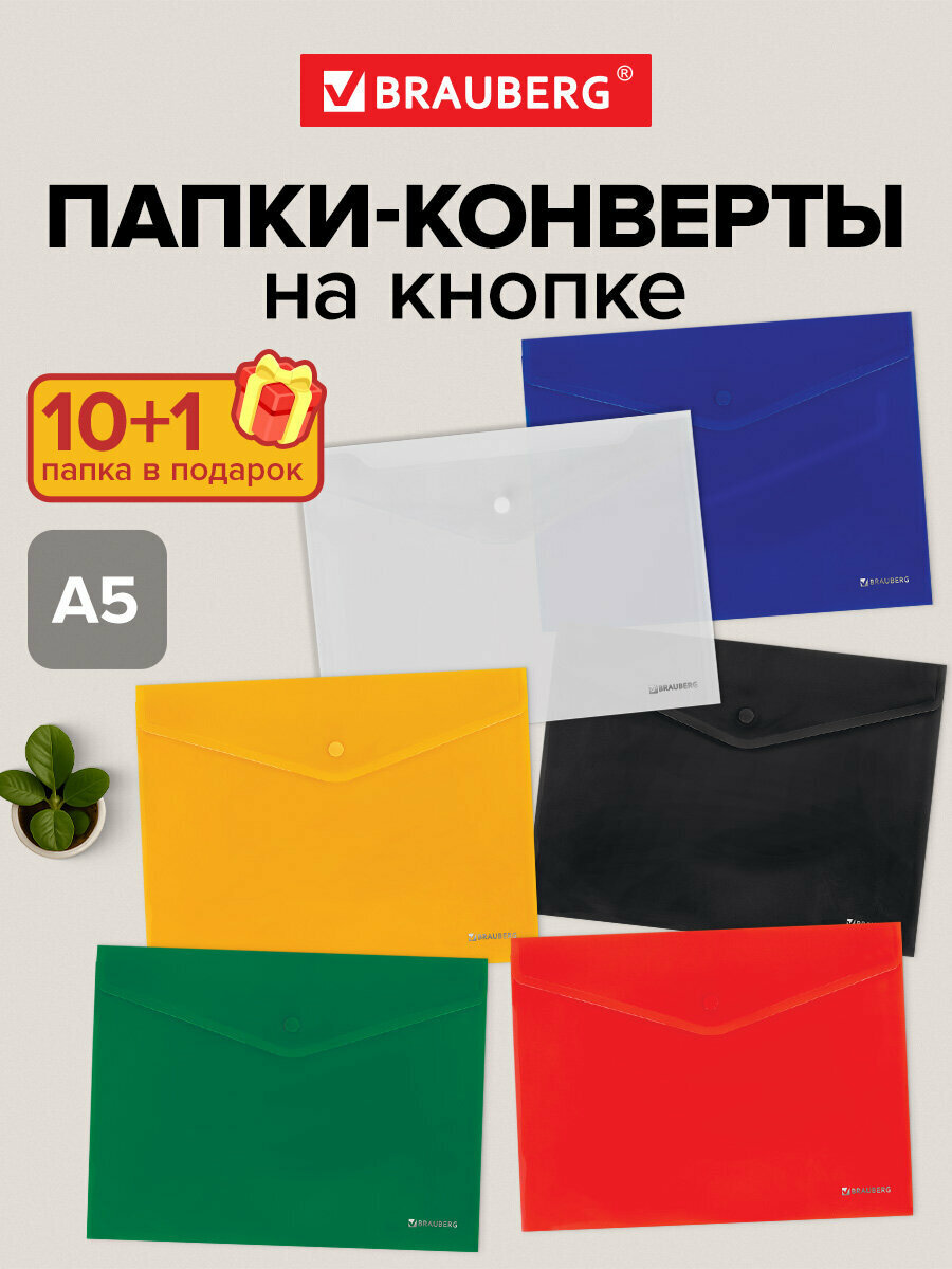 Папка конверт для тетрадей, документов и бумаг А5 с кнопкой, набор 11 штук, канцелярия для школы и офиса, цвета ассорти, Brauberg, 272870
