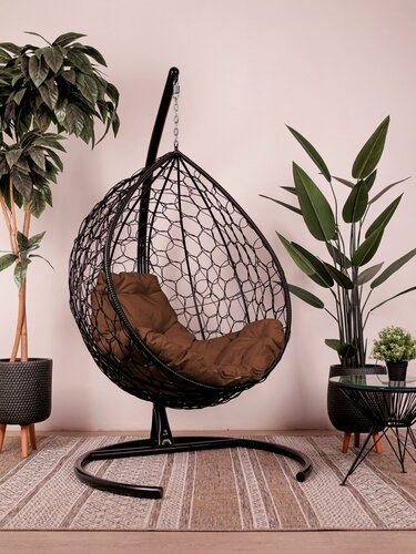 Изображение товара Подвесное кресло капля, с ротангом чёрное, коричневая подушка