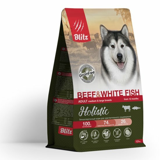 Корм сухой Blitz (pet) Blitz Holistic Beef & White Fish беззерновой для взрослых собак средних и крупных пород, при чувствительном пищеварении с говядиной и белой рыбой, 1,5 кг