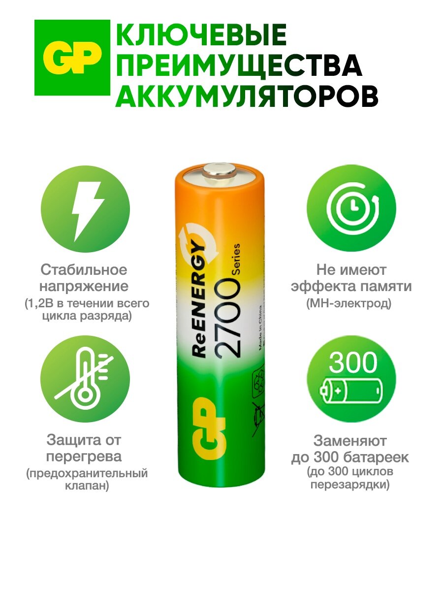Батарейки AA, ААА аккумуляторные GP серия 2700/1000, аккумуляторы, Ni-MN, 2600 мА*ч, 950 мА*ч, набор 8 шт. RGY — фото 1