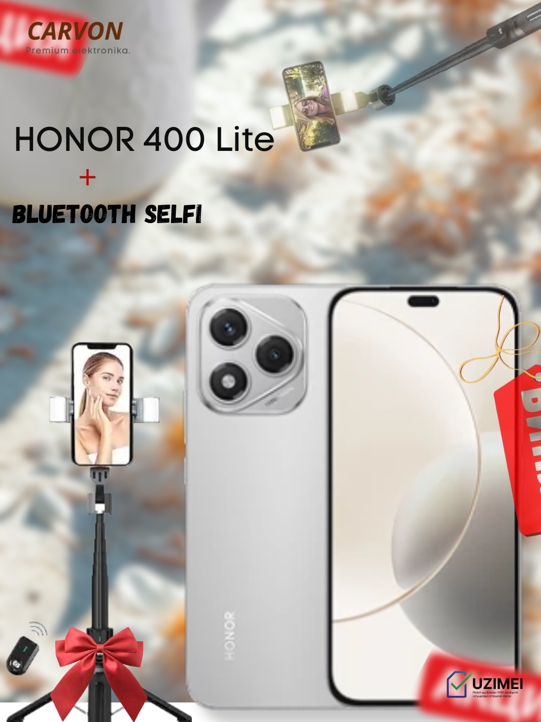 Смартфон Honor 400 Lite, 8GB/256GB, AMOLED 120Hz, IP65, защита от воды и пыли, цвет серебристый + Bluetooth-палка для селфи