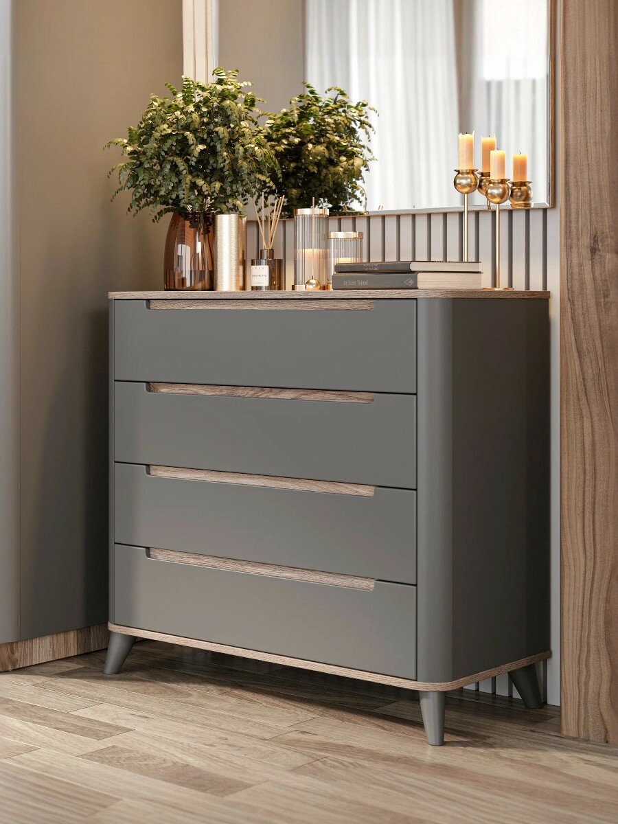 Комод для одежды Стефания с 4 ящиками, 89х42.6х86 см, Дуб маувелла/Оникс серый