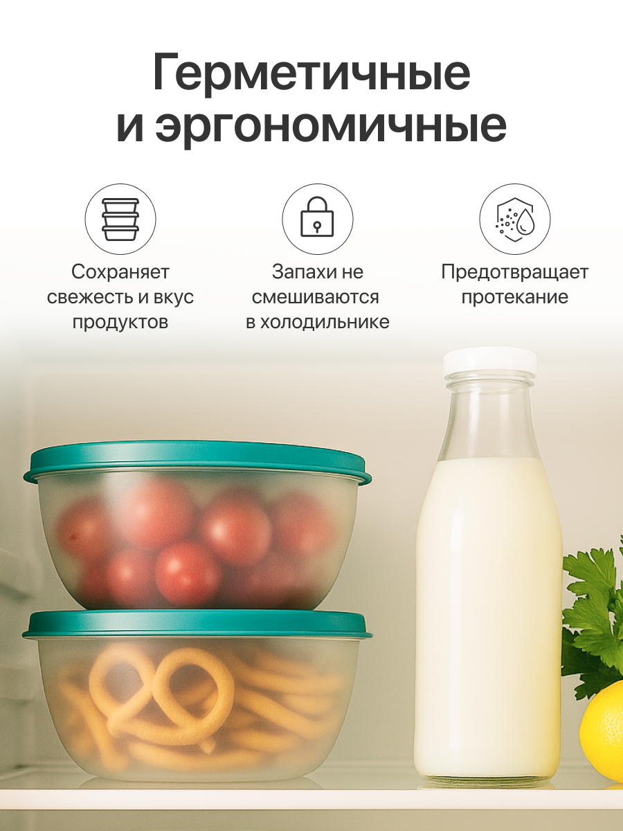 Контейнер для еды Редда, набор контейнеров с крышками, герметичный, ланч-бокс, бирюзовый, 5 штук — фото 1