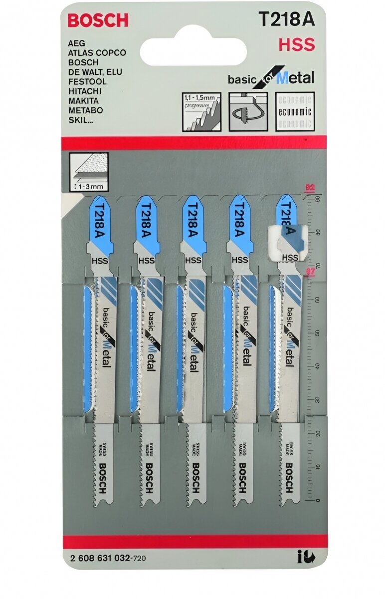 Набор пилок BOSCH T 218 для тонких листов шаг зубьев 11-15 мм 2608631032