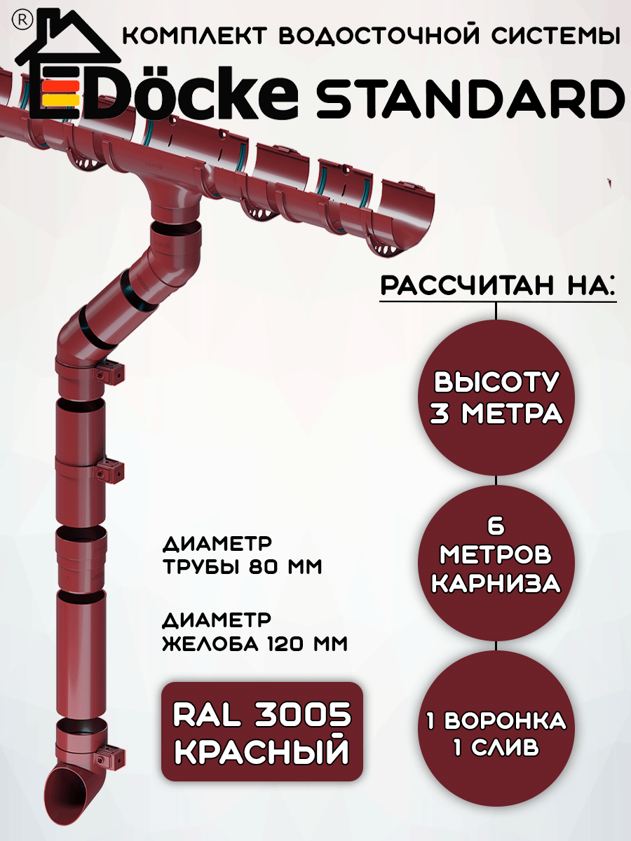 Комплект водосточной системы Docke Standard красный 6 метров (120мм/80мм) водосток для крыши Дёке Стандарт бордовый (RAL 3005)
