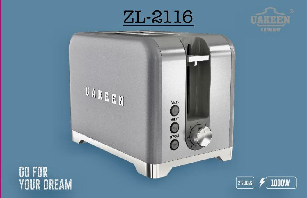 Тостер UAKEEN ZL-2116, нержавеющая сталь, мощность 1000 Вт, на 2 тоста