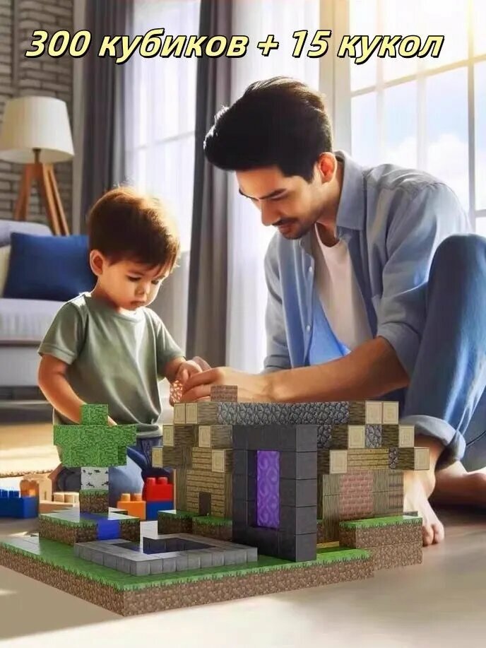 Магнитные строительные блоки "Майнкрафт" 300 штук с куклами в подарочной упаковке