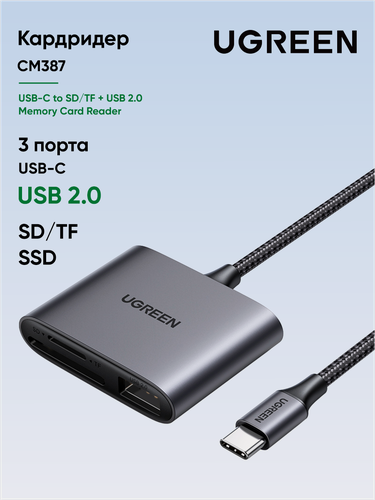 Изображение товара Кардридер UGREEN CM387 (80798) USB-C to SD/TF + USB 2.0 Memory Card Reader. Цвет: серый