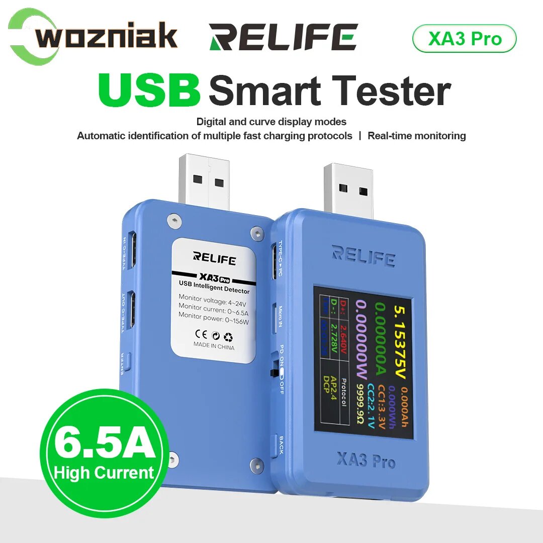 Умный USB тестер RELIFE XA3 Pro с поддержкой PD QC2 0 QC3 0  быстрой зарядки  6 5 А  сильноточный тестер  используемый для ремонта мобильных телефонов