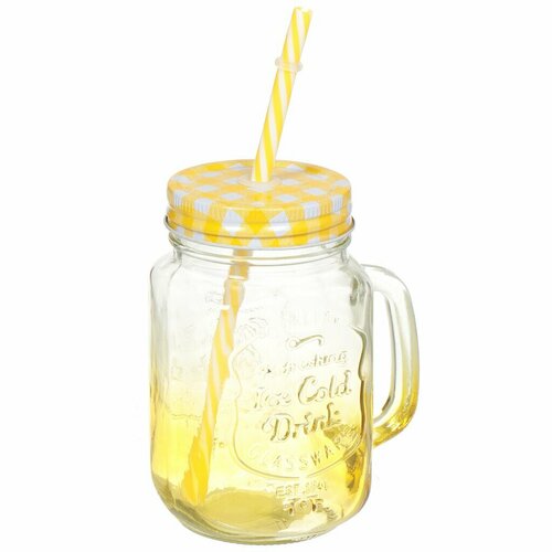 Банка для напитковсмузи стекло 450 мл с крышкой с трубочкой SDFG0114-2 желтая 598₽