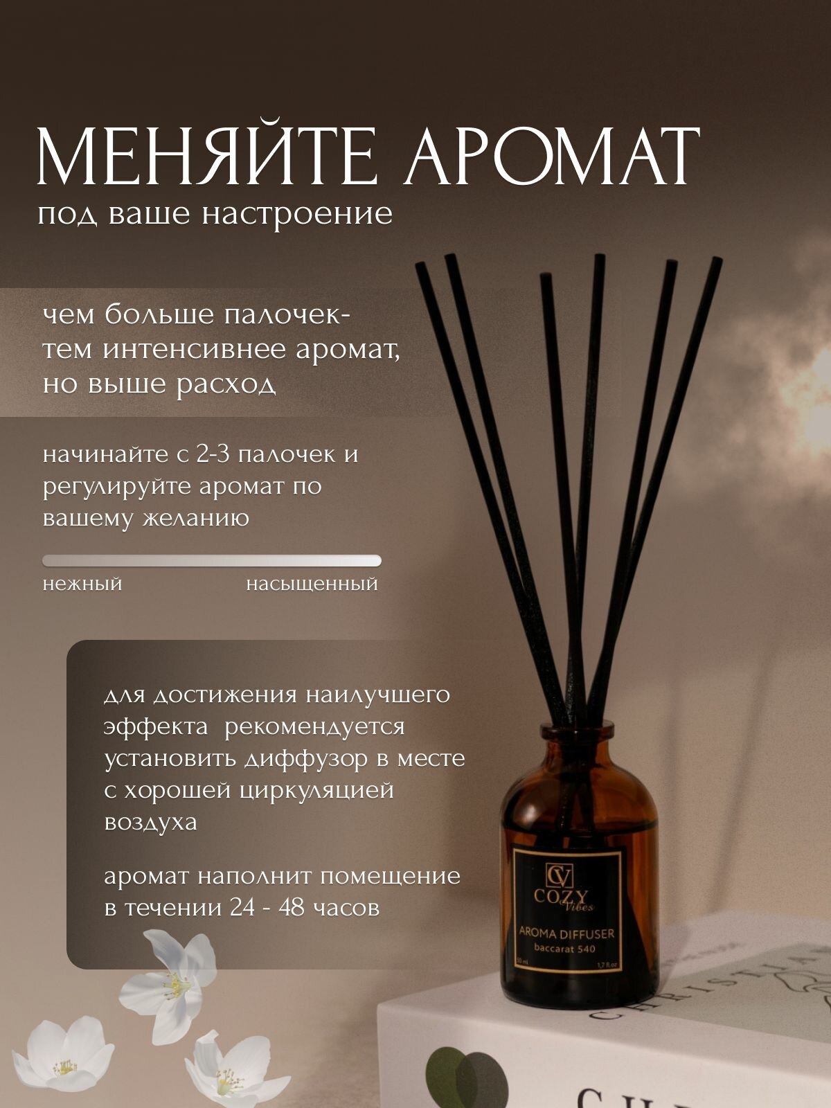 Диффузор ароматический для дома ambra&tobacco, 50 мл / Аромадиффузор с палочками — фото 1