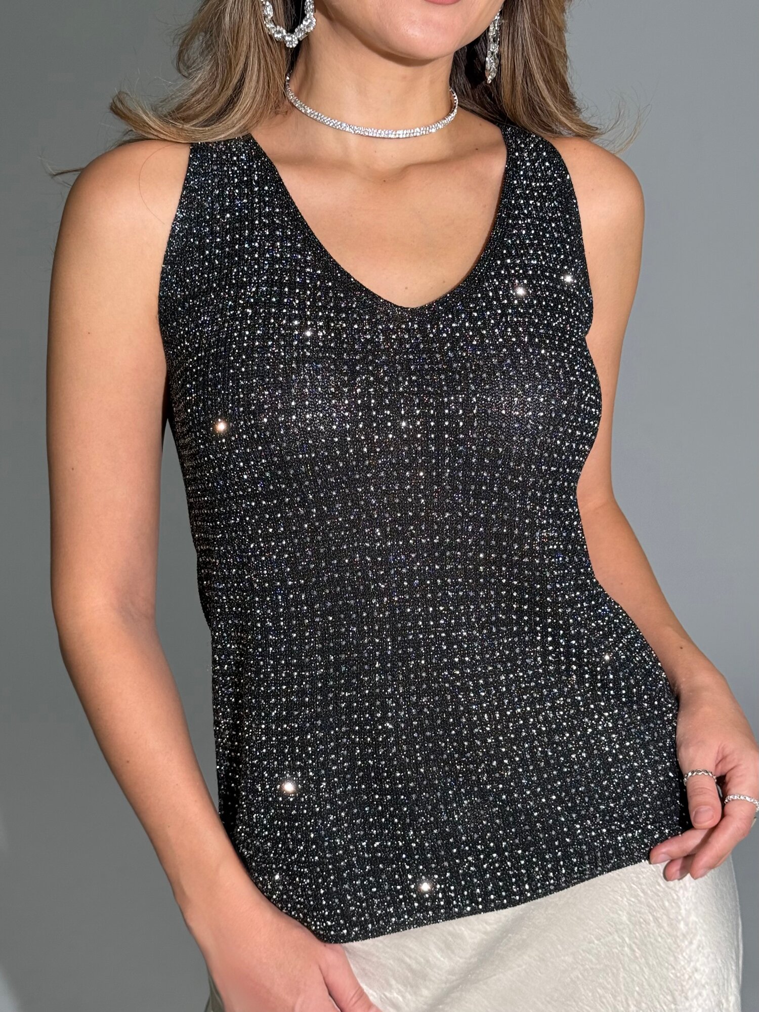 Топ вечерний мерцающий классический со стразами, 1 шт., размер 42/48, черный