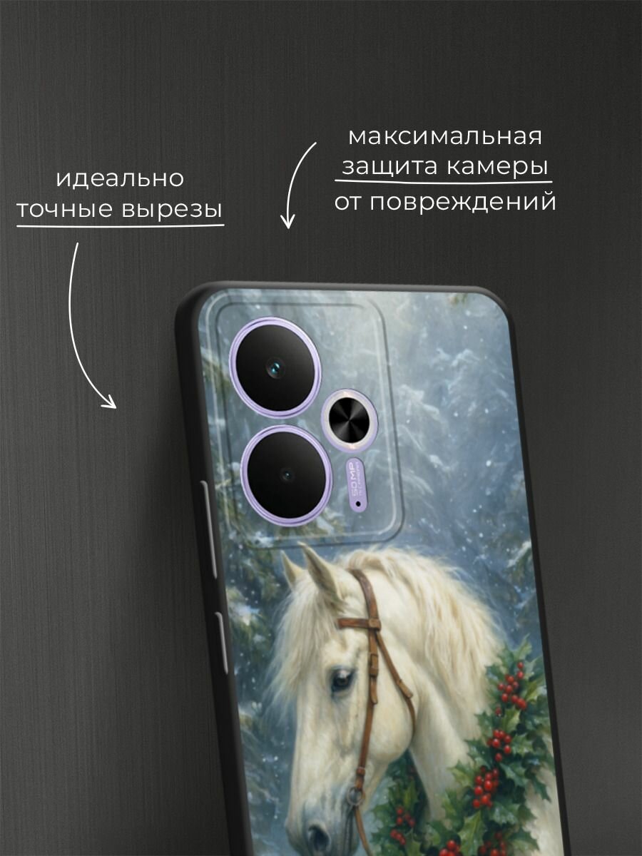 Черный матовый чехол на Realme 14T / Реалми 14Т с принтом "Белый конь с венком" — фото 1