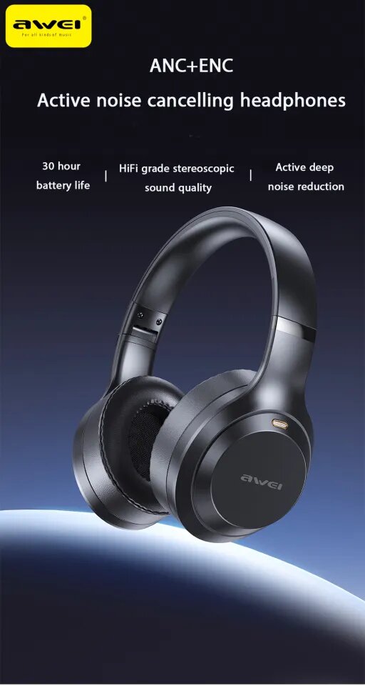 Awei AT3 ANC — Bluetooth 5.4 полноразмерные наушники с активным шумоподавлением, 38 часов работы, микрофон, стерео звук