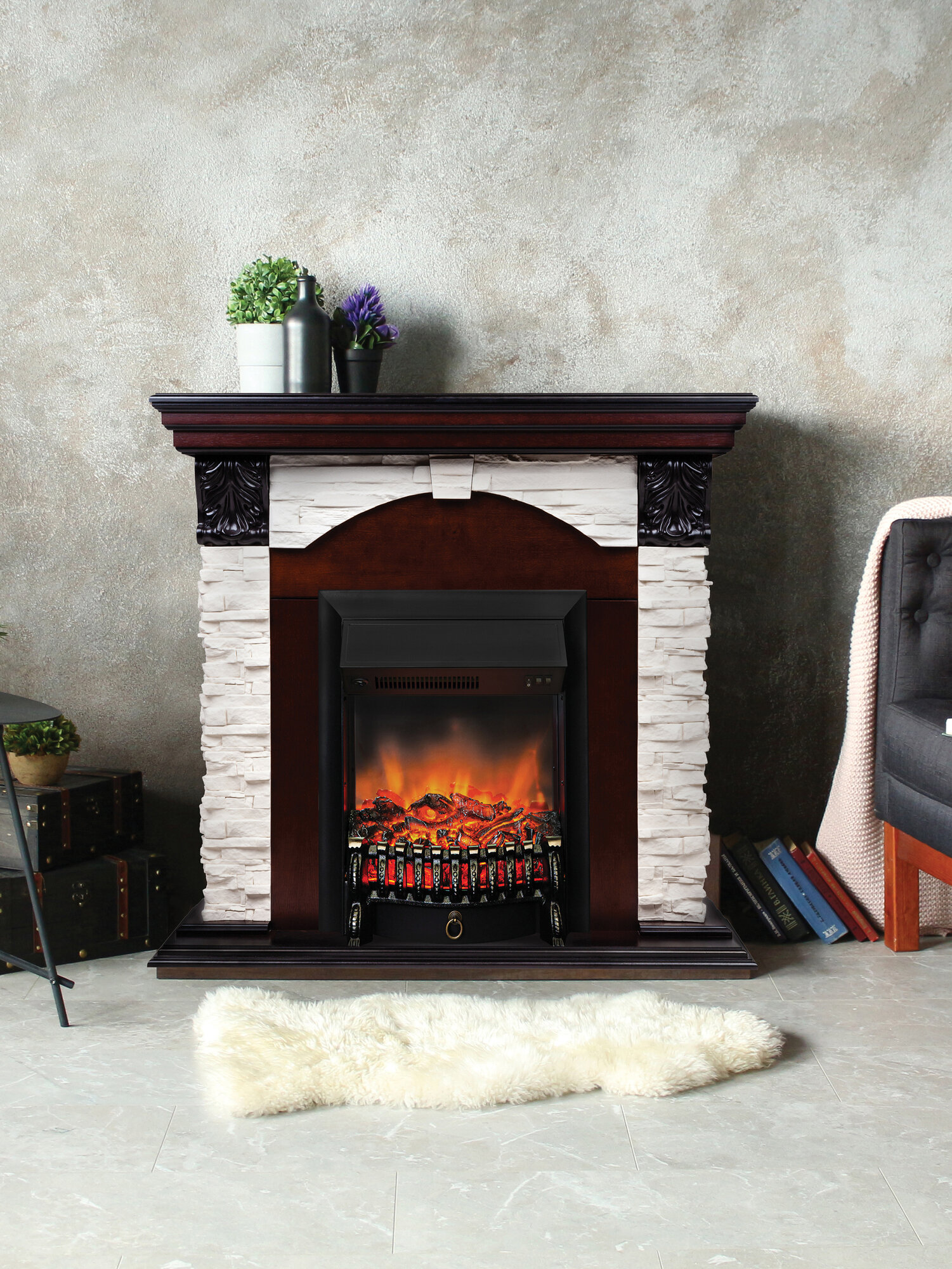 Электрокамин RealFlame Dublin Lux коричневый МДФ с очагом Fobos звуковая имитация пульт ДУ обогрев