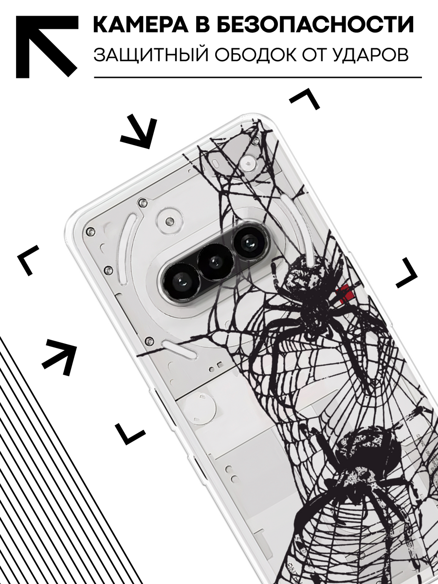 Чехол на Nothing Phone 3a / Нофинг Фон 3а с принтом Черные пауки, прозрачный — фото 1