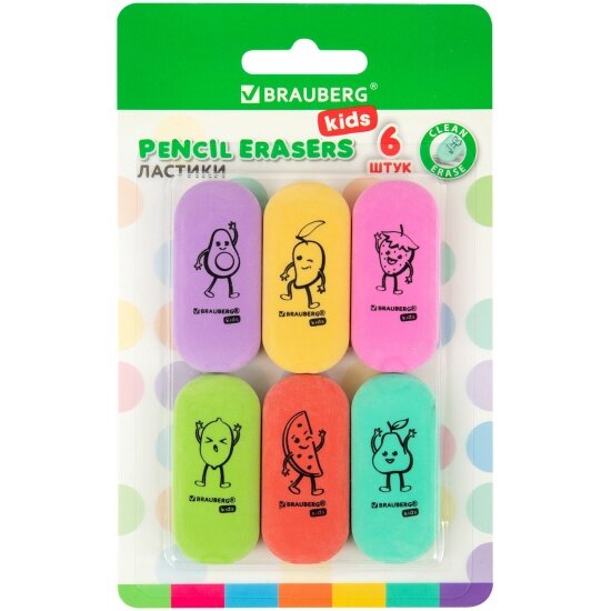 Ластики Brauberg KIDS "Fruits" набор 6 штук 50х23х10 мм овальные ассорти 272669