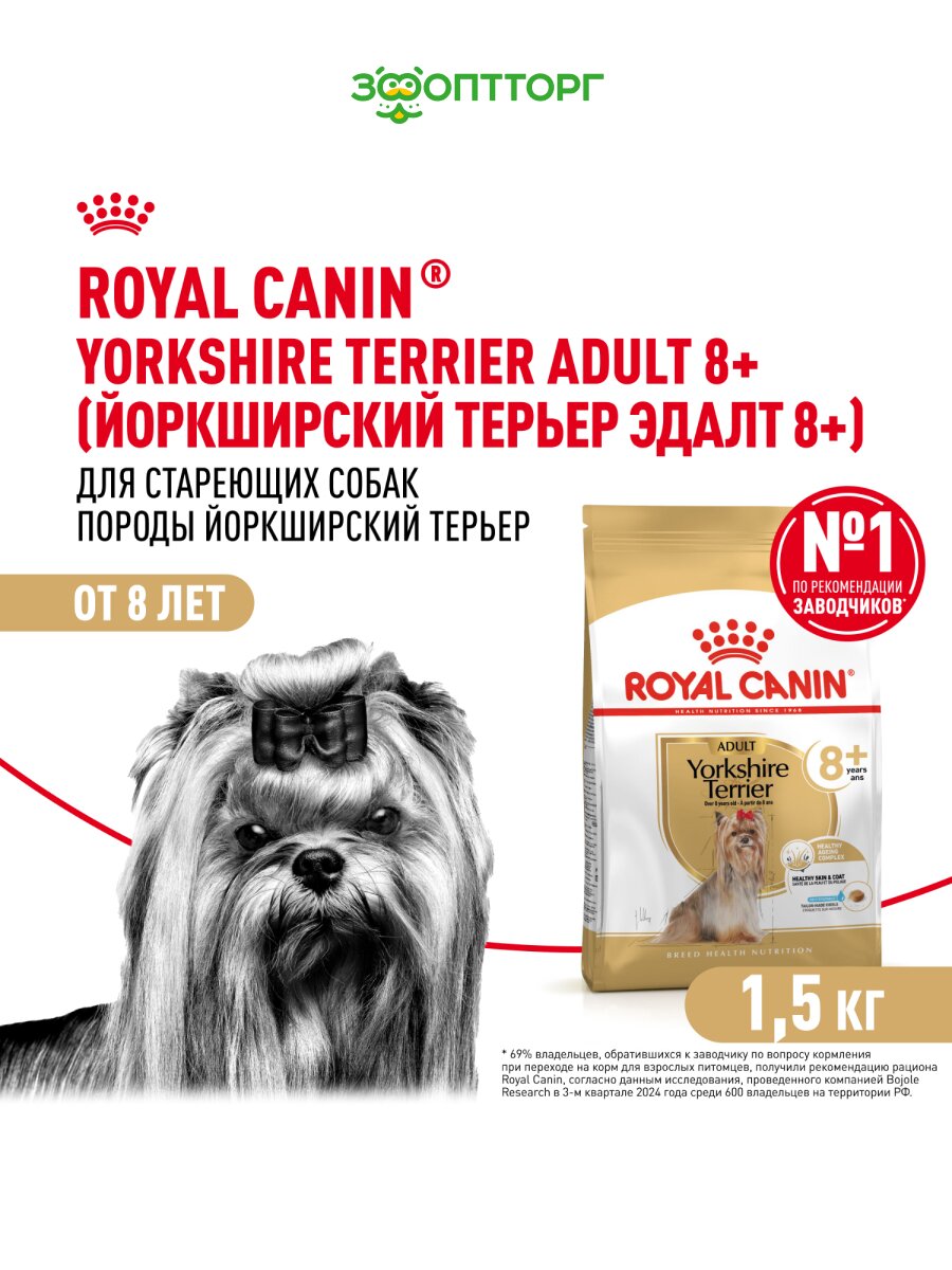 Сухой корм Royal Canin Yorkshire Terrier Adult 8+ для собак породы йоркширский терьер старше 8 лет Птица, 1,5 кг.