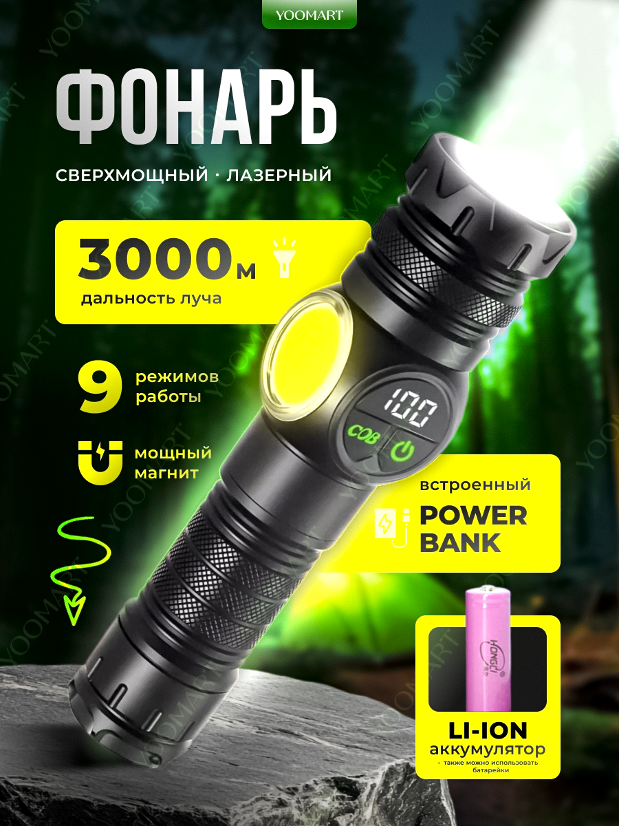 Фонарь аккумуляторный туристический кемпинговый светодиодный с функцией светильника  магнит на торце