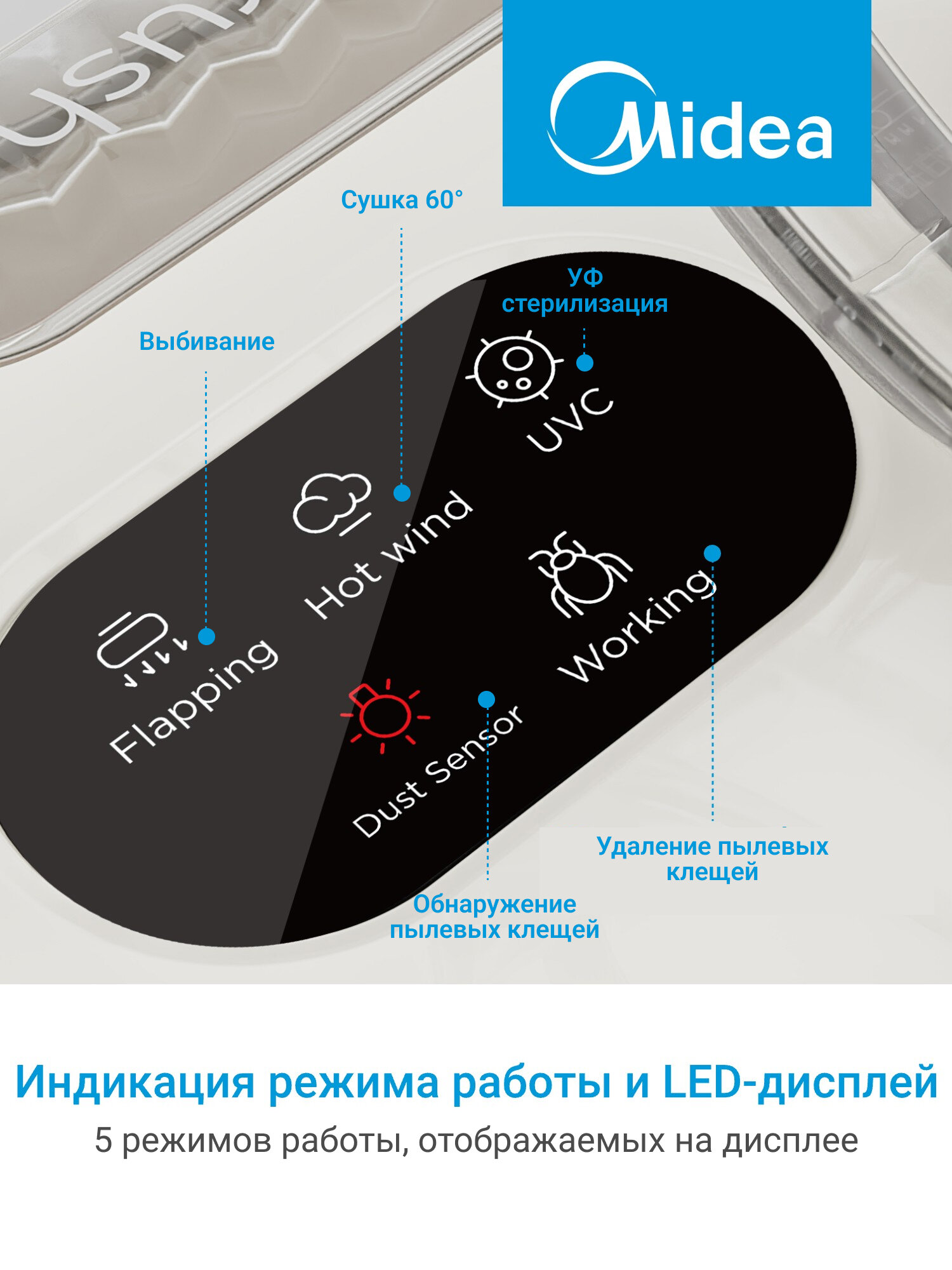 Пылесос от пылевых клещей Midea VCS BC3, 12 000 Па, виброотбойники, УФ лампа, 4 уровня фильтрации, сушка 60 гр, кремовый — фото 1