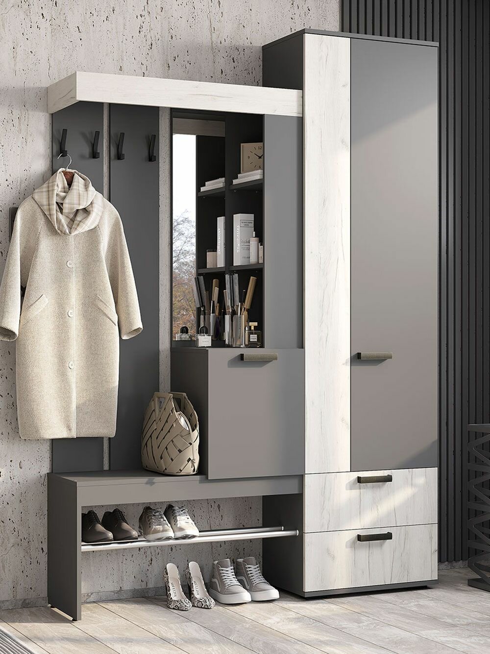 Прихожая комплект Трамп с вешалкой со шкафом с сиденьем с обувницей с зеркалом 150х37.2х217.6 см Графит / Дуб Крафт белый