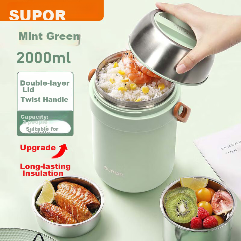 Supor Insulated Food Container Stainless Steel Portable Pot 2.0L Large Capacity Vacuum Insulated Thermos Multi-Layer Portable Lunch Box Mint Green