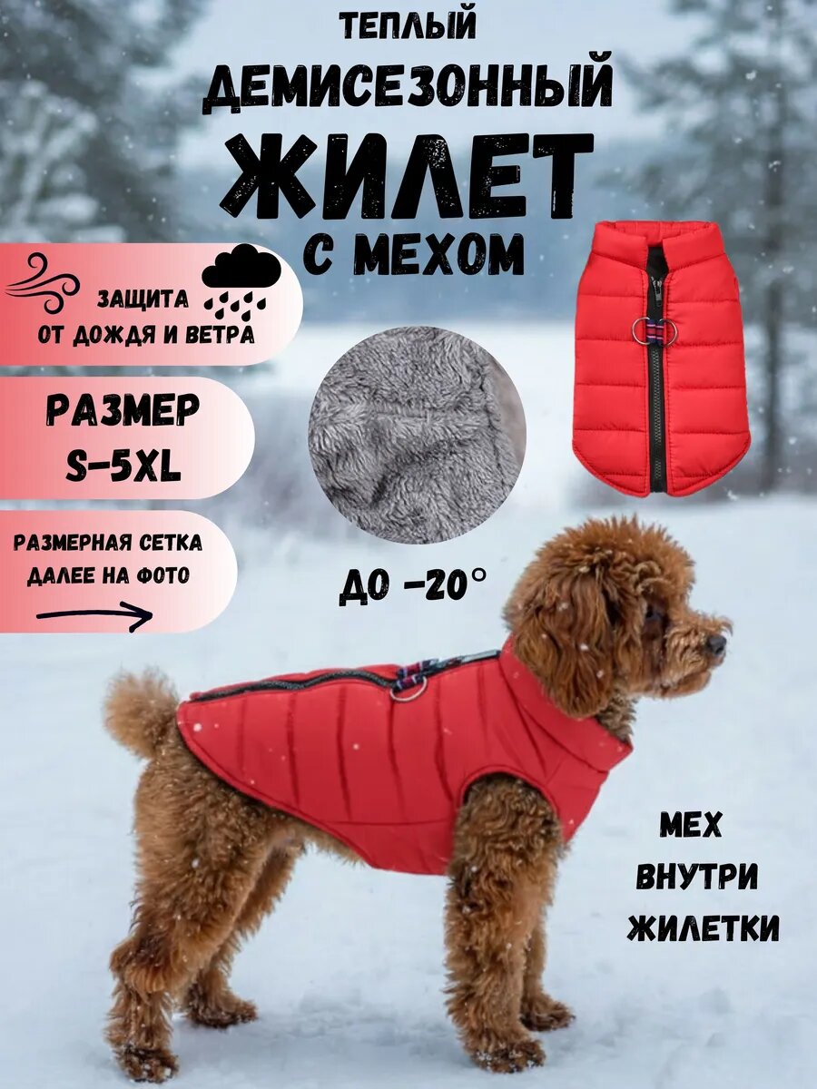 Теплый жилет для собак мелких пород на молнии с мехом