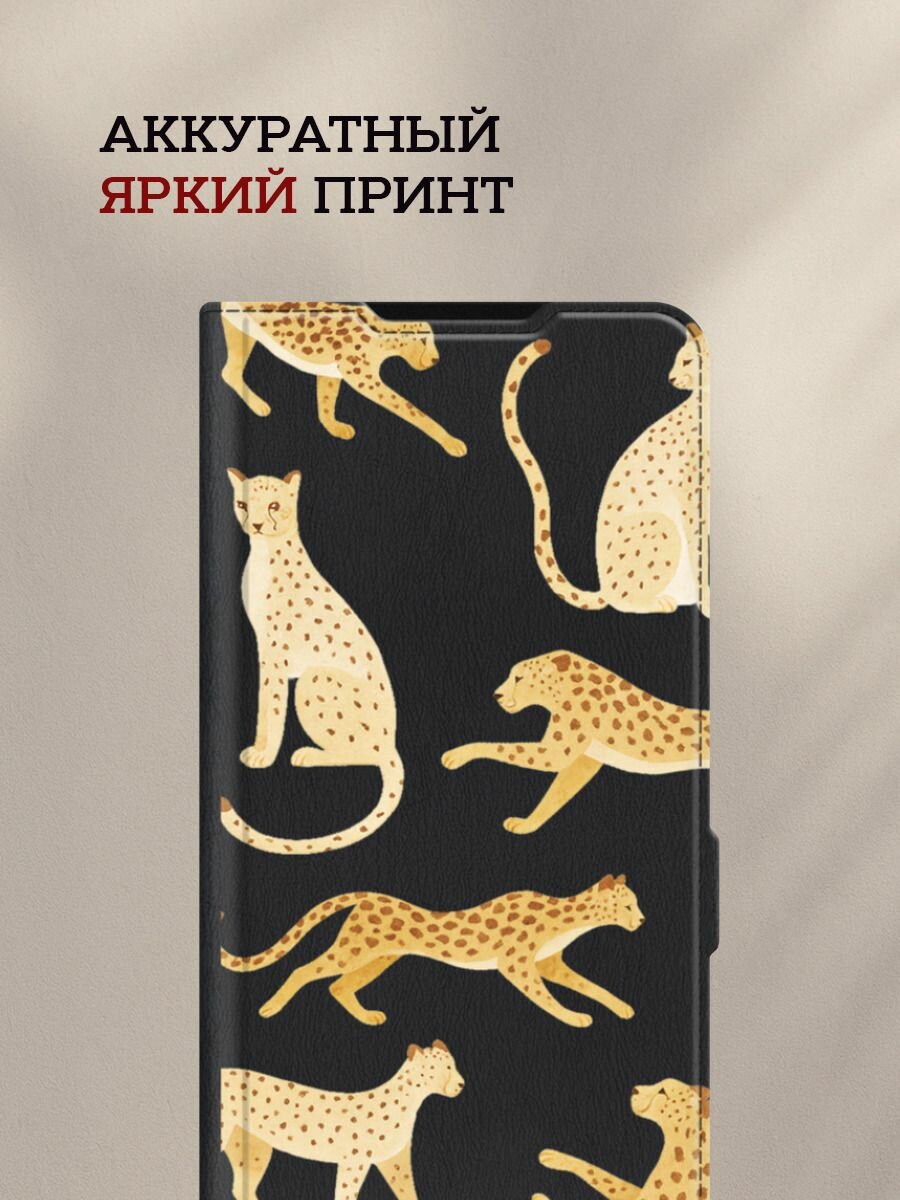 Чехол-книжка на Honor 90 Lite / Хонор 90 Лайт с принтом Восемь леопардов, черный — фото 1