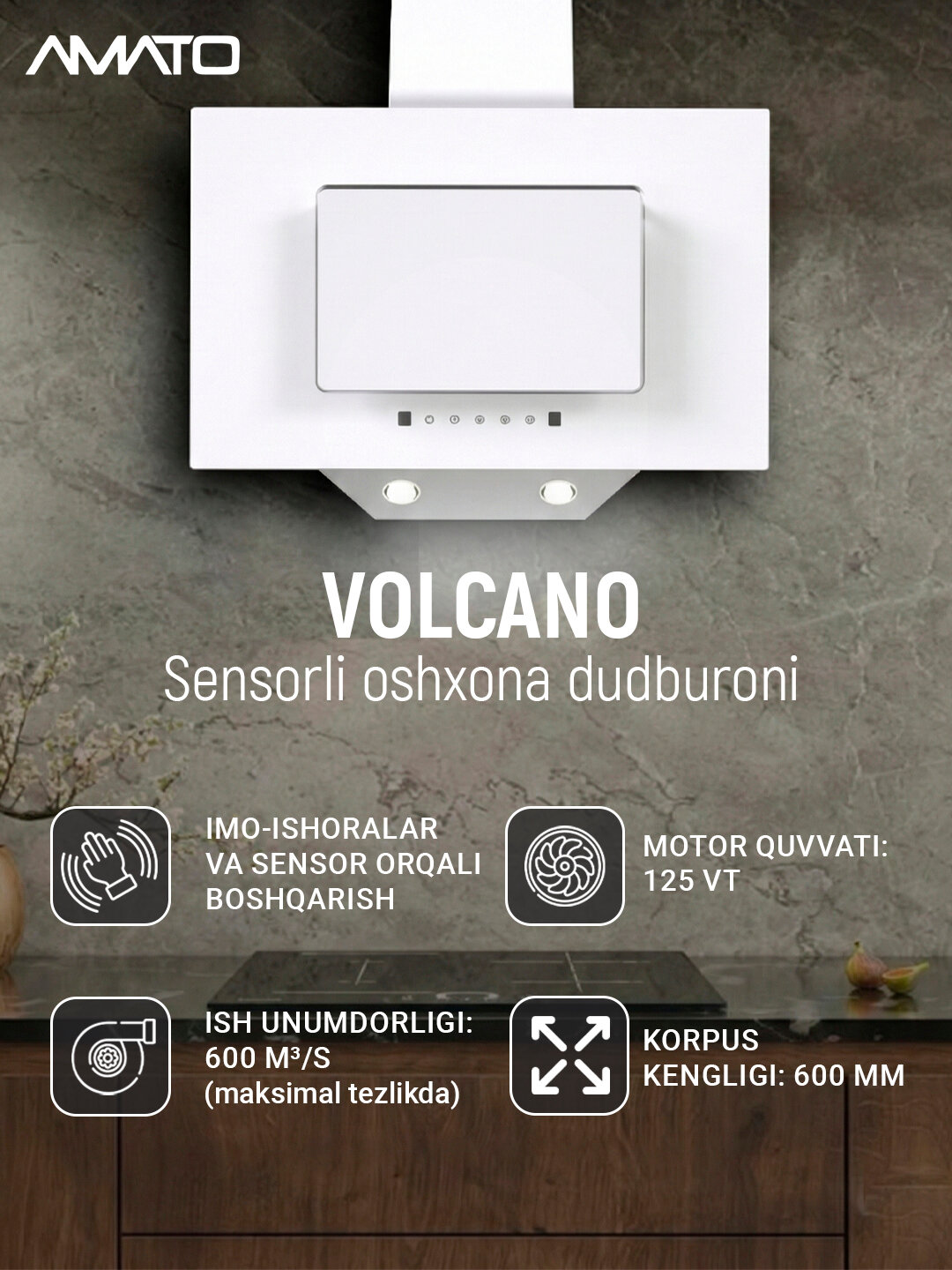 Вытяжка кухонная наклонная Amato Volcano S - 60 см, 600 м³/ч, 3 скорости