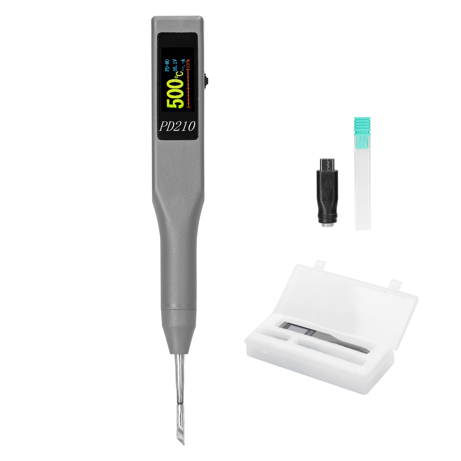 Паяльник портативный PD210 70W с регулировкой температуры PID, совместимый с PD3.0 для наконечников JBC210, USB Type-C, экран 0.96 дюйма TFT, материалы пластик, напряжение 12V 6A, язык английский/русский, размер 150*20*13мм, вес 28г, в комплект входит