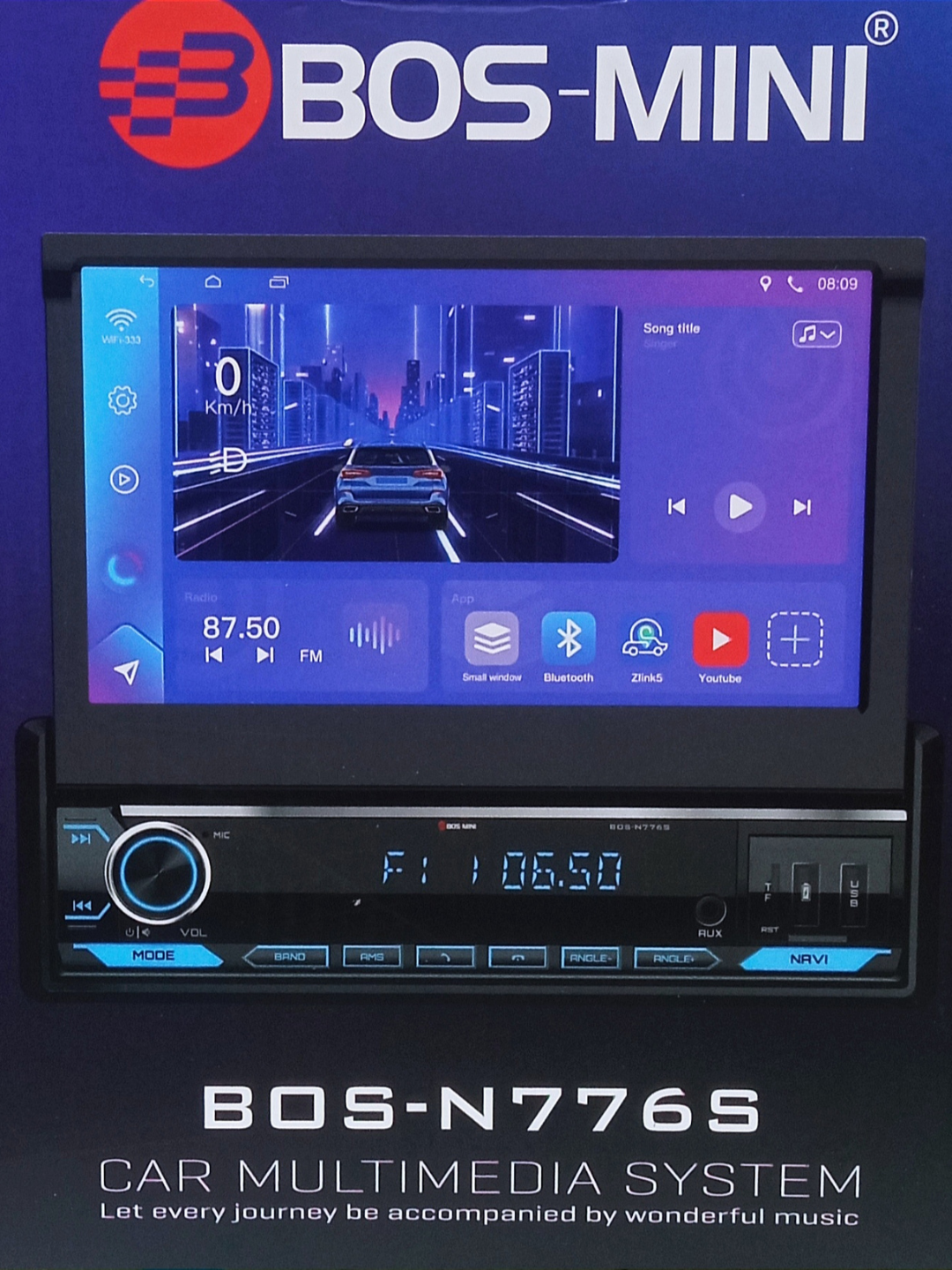 Выдвижная магнитола (1din) BOS-N776S DSP 4+64Gb Android+ Магнитола, Bluetooth, USB, GPS, WiFi, AUX