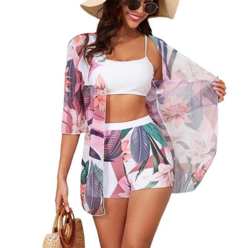 Женский купальник с цветочным принтом, 3 предмета, Белый - XL