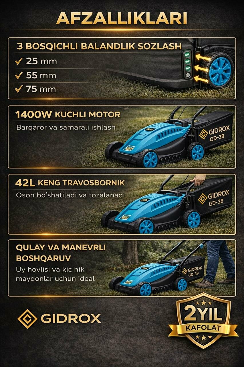 Газонокосилка GIDROX GD-38, мощность 1400 Вт, травосборник 42л — фото 1