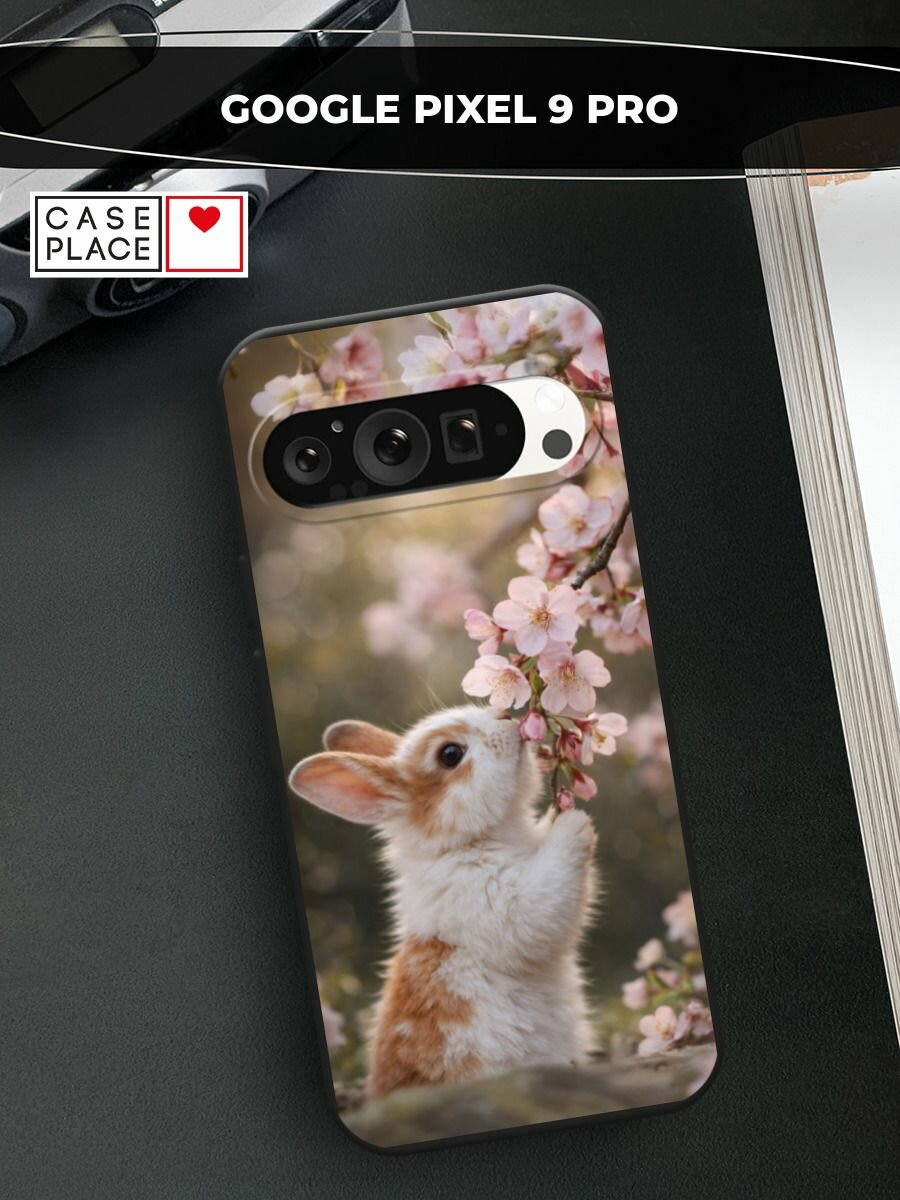 Черный матовый чехол на Google Pixel 9 Pro / Гугл Пиксель 9 Про с принтом Зайчик с сакурой