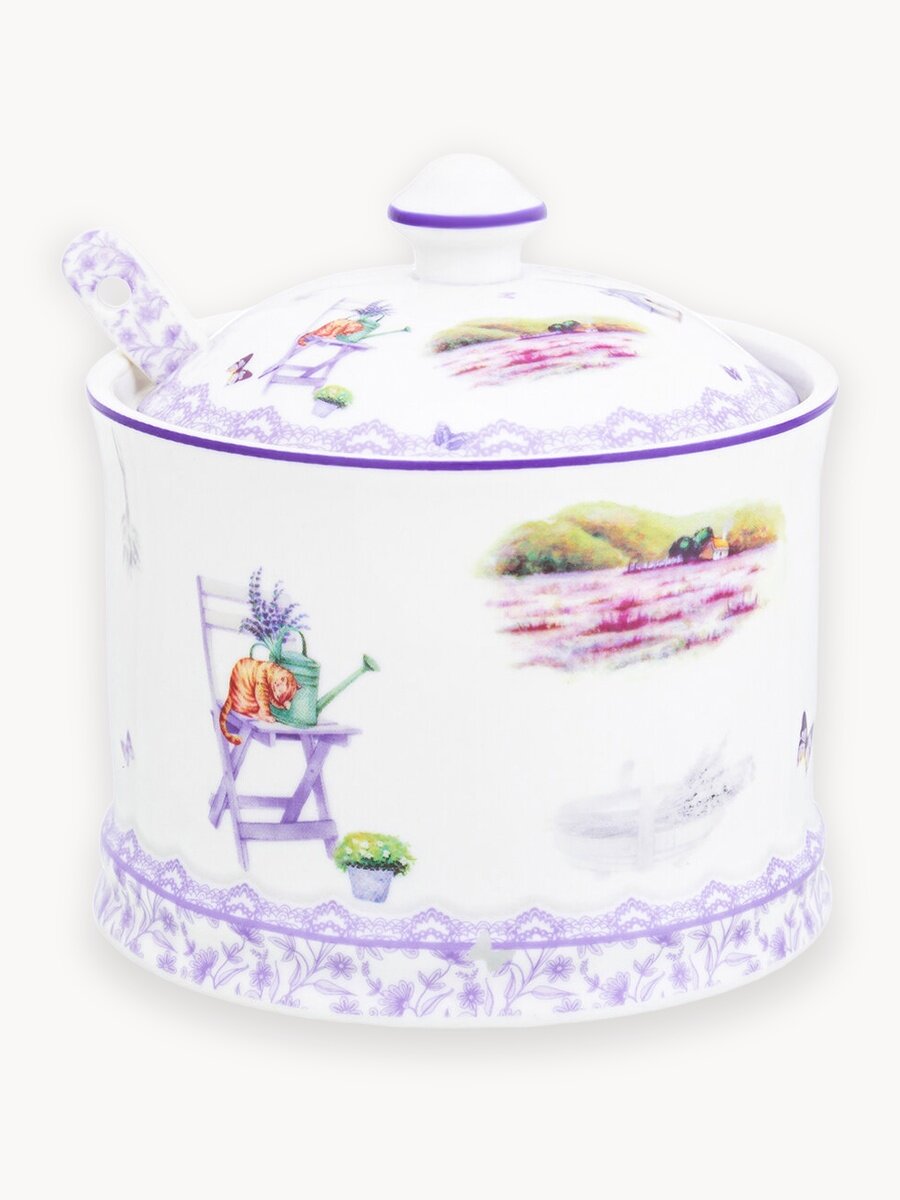 Сахарница 250мл Elan Gallery Лаванда, 9х9х10 см, с ложкой, фарфор