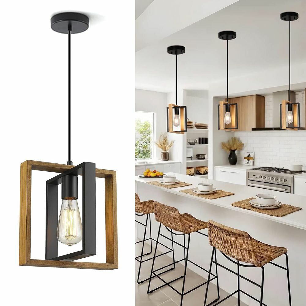 Деревенский лофт подвесной светильник, дерево и металл, регулируемая высота E27