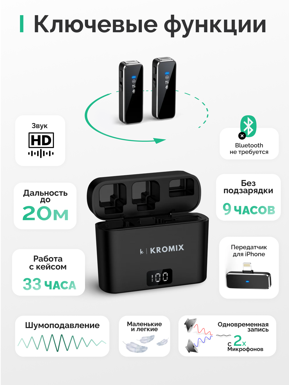 Беспроводной петличный микрофон Kromix Nova (Lightning), с зарядным кейсом, для IPhone — фото 1